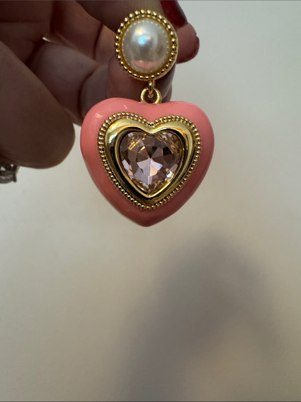 Gold-Tone Pink Heart Drop Earrings with Pearl Accent - Picture 4 of 4
